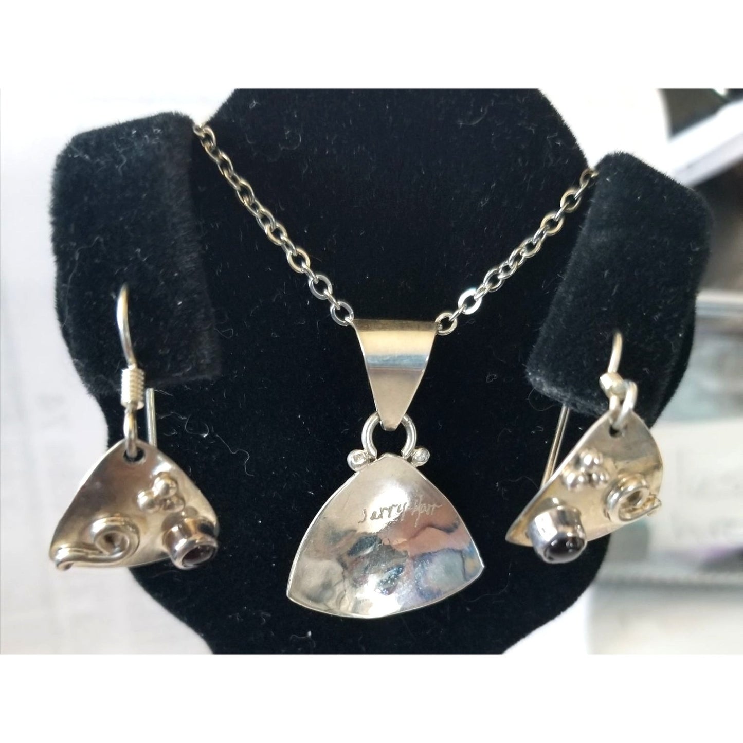 3 Pcs Garnet Earrings Necklace Silver  9.6 gr 48 ct 3.5 x 3 cm 1.5 cm  x 2 cm  18" chain