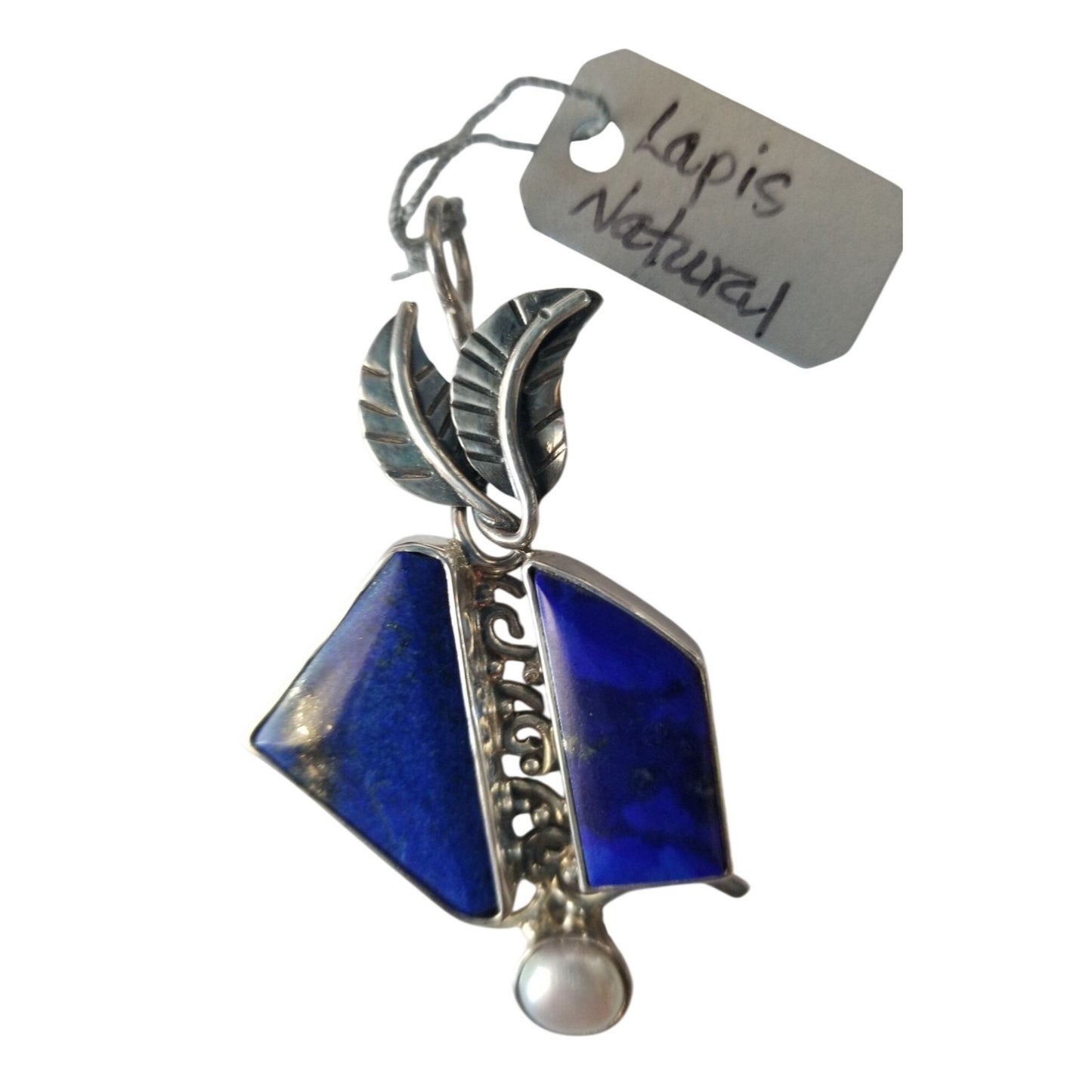 Pendant Lapis Natural Pearl 8 mm  2 Leaves 15 x 8 mm Accents Silver 11.6 Gr
