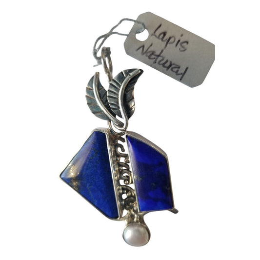 Pendant Lapis Natural Pearl 8 mm  2 Leaves 15 x 8 mm Accents Silver 11.6 Gr