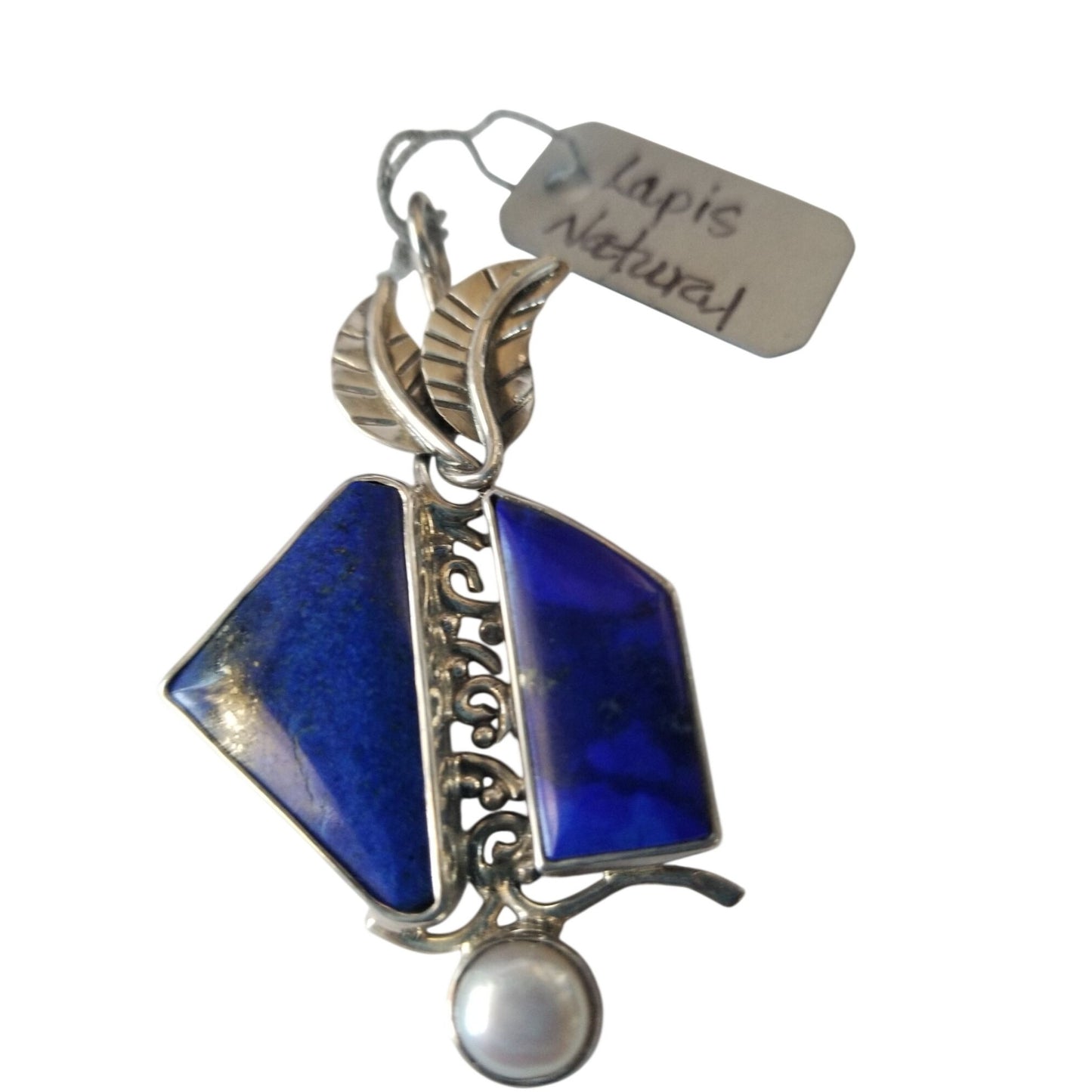 Pendant Lapis Natural Pearl 8 mm  2 Leaves 15 x 8 mm Accents Silver 11.6 Gr