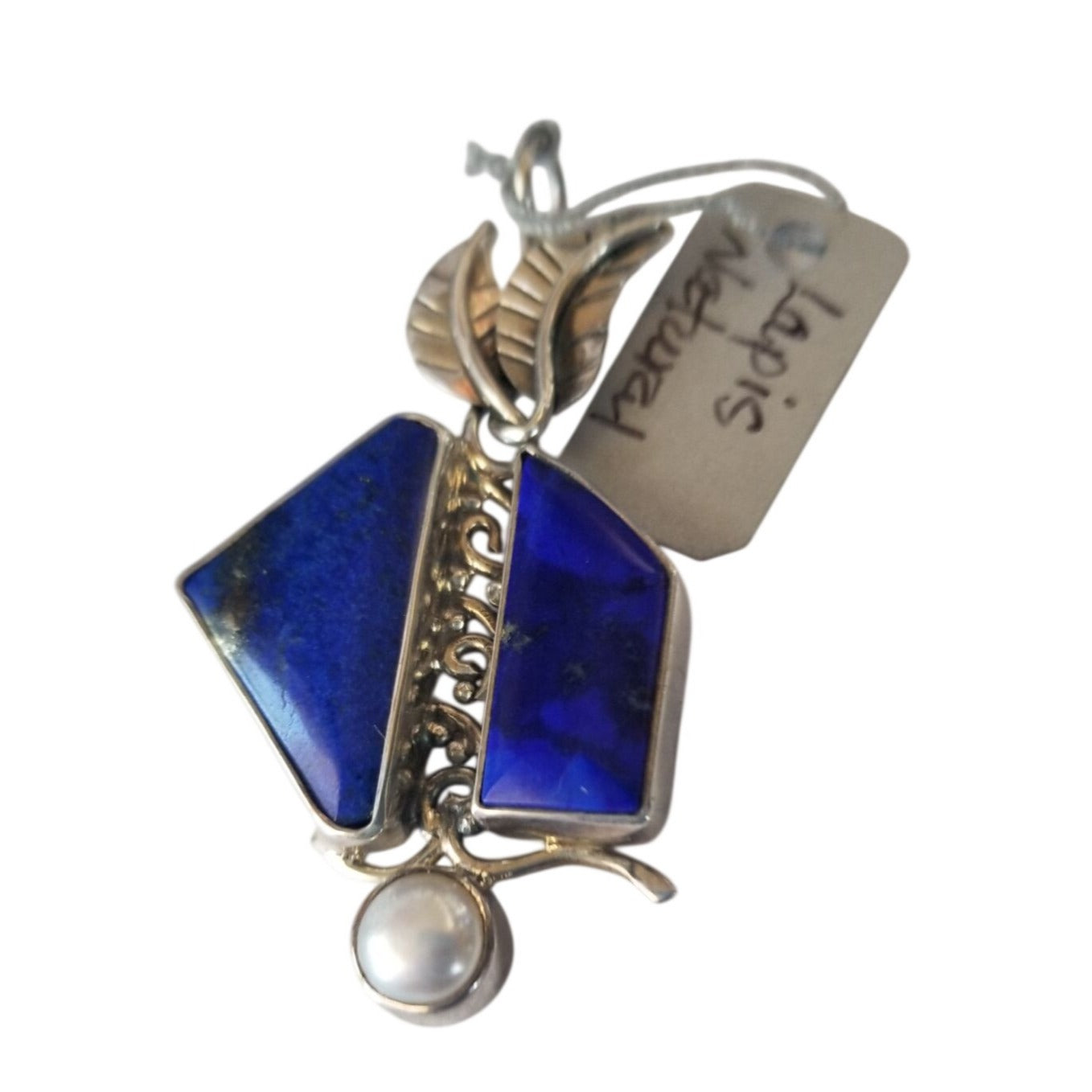 Pendant Lapis Natural Pearl 8 mm  2 Leaves 15 x 8 mm Accents Silver 11.6 Gr