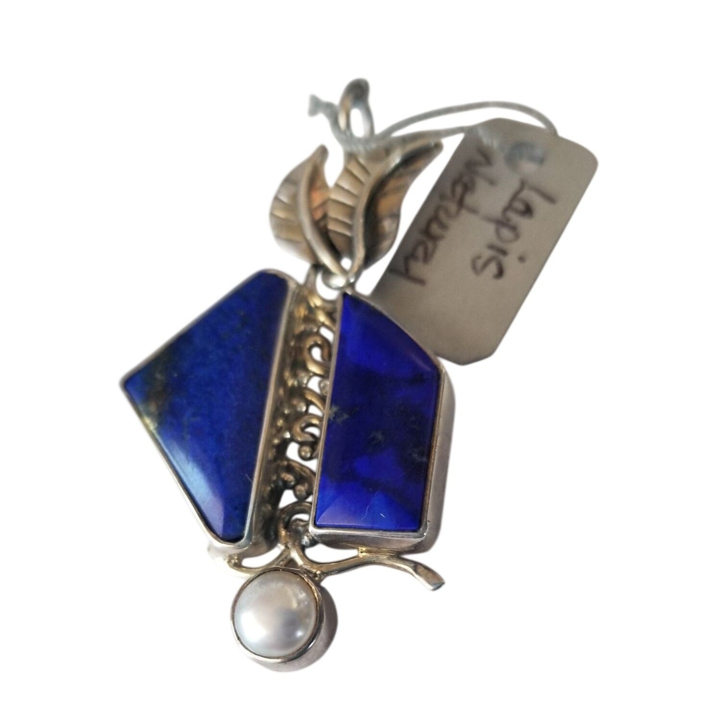 Pendant Lapis Natural Pearl 8 mm  2 Leaves 15 x 8 mm Accents Silver 11.6 Gr