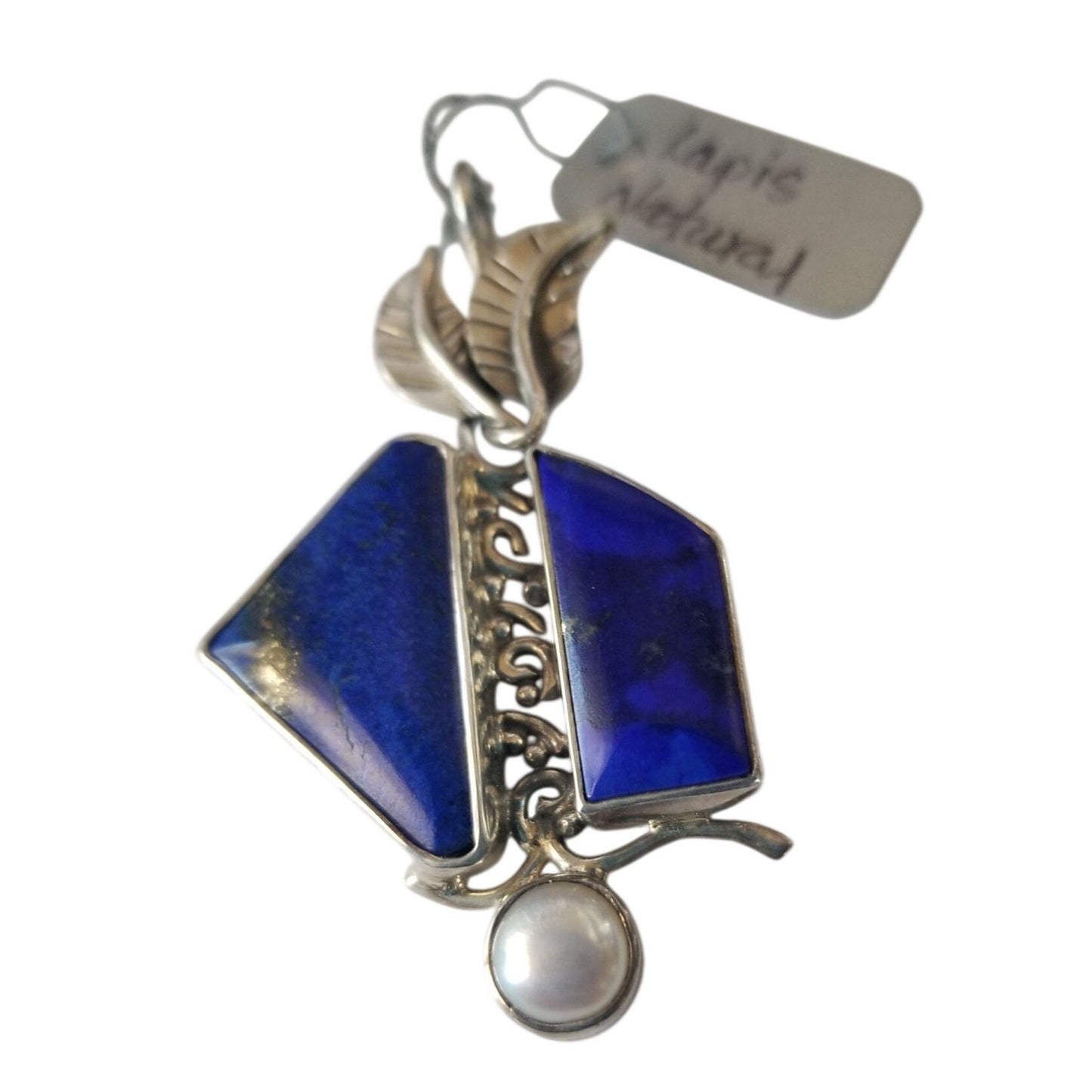 Pendant Lapis Natural Pearl 8 mm  2 Leaves 15 x 8 mm Accents Silver 11.6 Gr