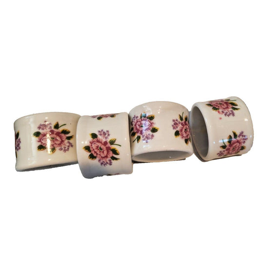 Napkin Rings White  Ceramic Pink Flowers Set of 4  Round 1  1/2" x 1  3/4"