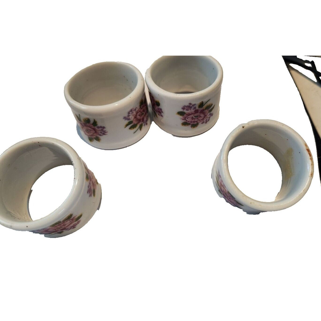 Napkin Rings White  Ceramic Pink Flowers Set of 4  Round 1  1/2" x 1  3/4"