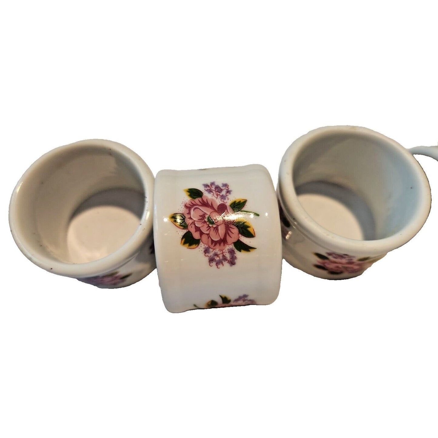 Napkin Rings White  Ceramic Pink Flowers Set of 4  Round 1  1/2" x 1  3/4"