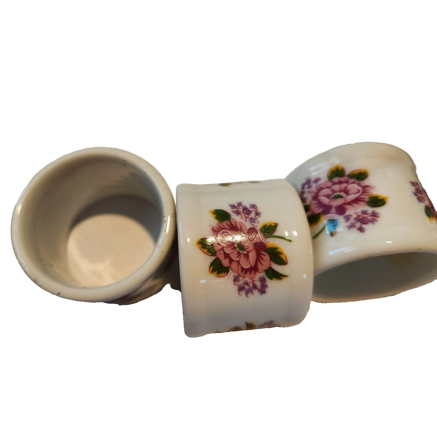 Napkin Rings White  Ceramic Pink Flowers Set of 4  Round 1  1/2" x 1  3/4"