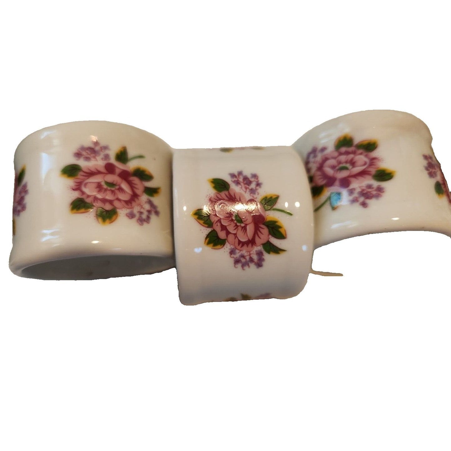 Napkin Rings White  Ceramic Pink Flowers Set of 4  Round 1  1/2" x 1  3/4"