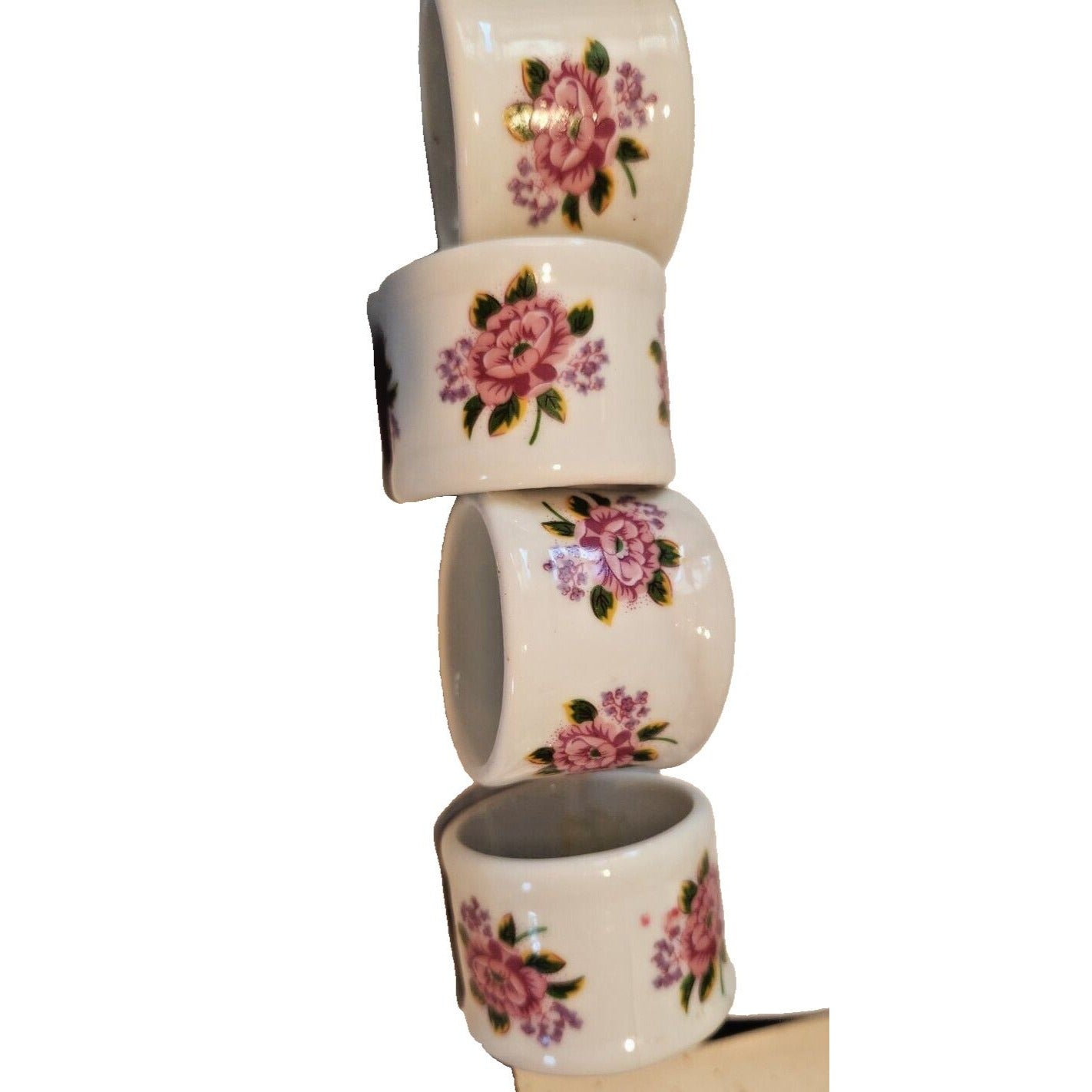 Napkin Rings White  Ceramic Pink Flowers Set of 4  Round 1  1/2" x 1  3/4"