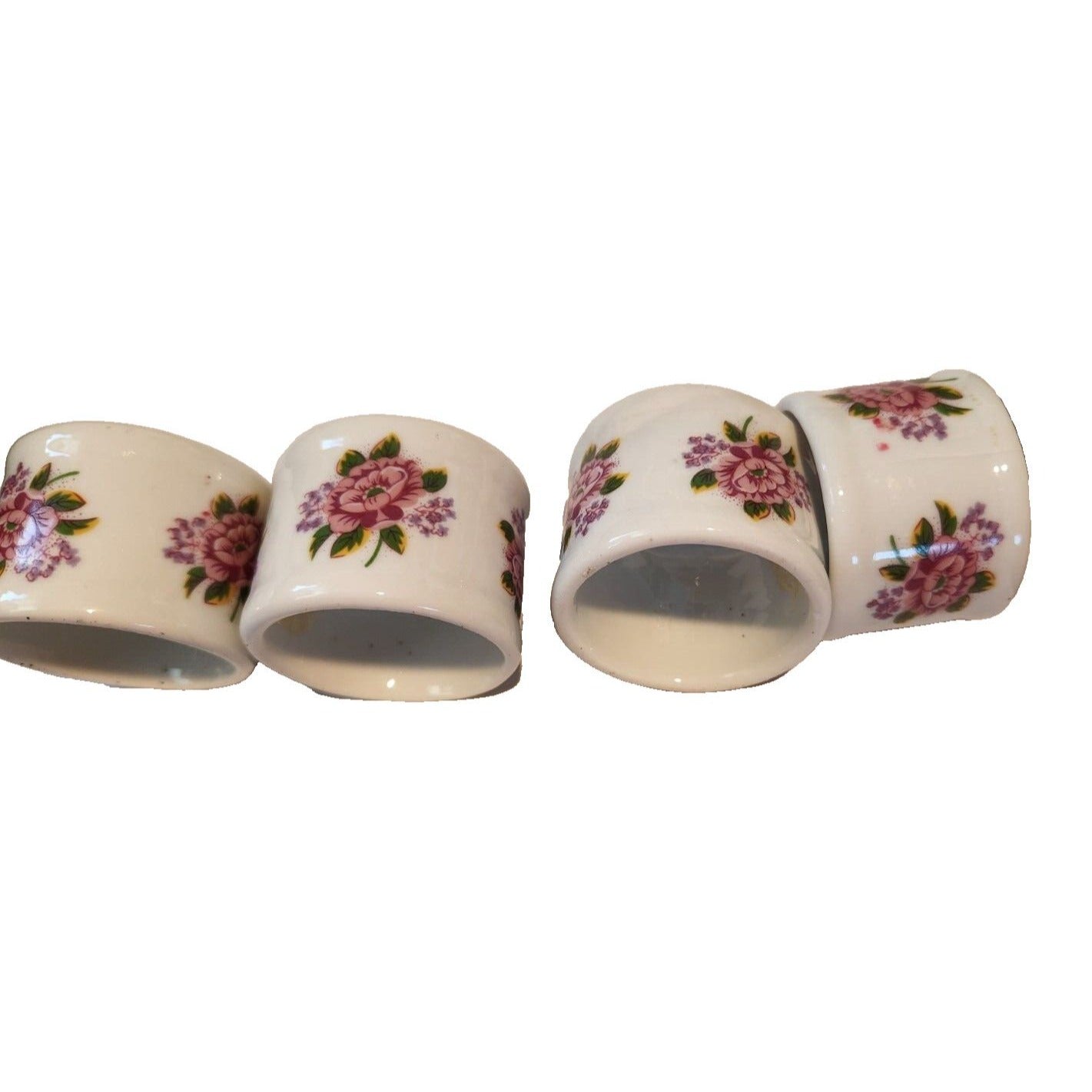 Napkin Rings White  Ceramic Pink Flowers Set of 4  Round 1  1/2" x 1  3/4"