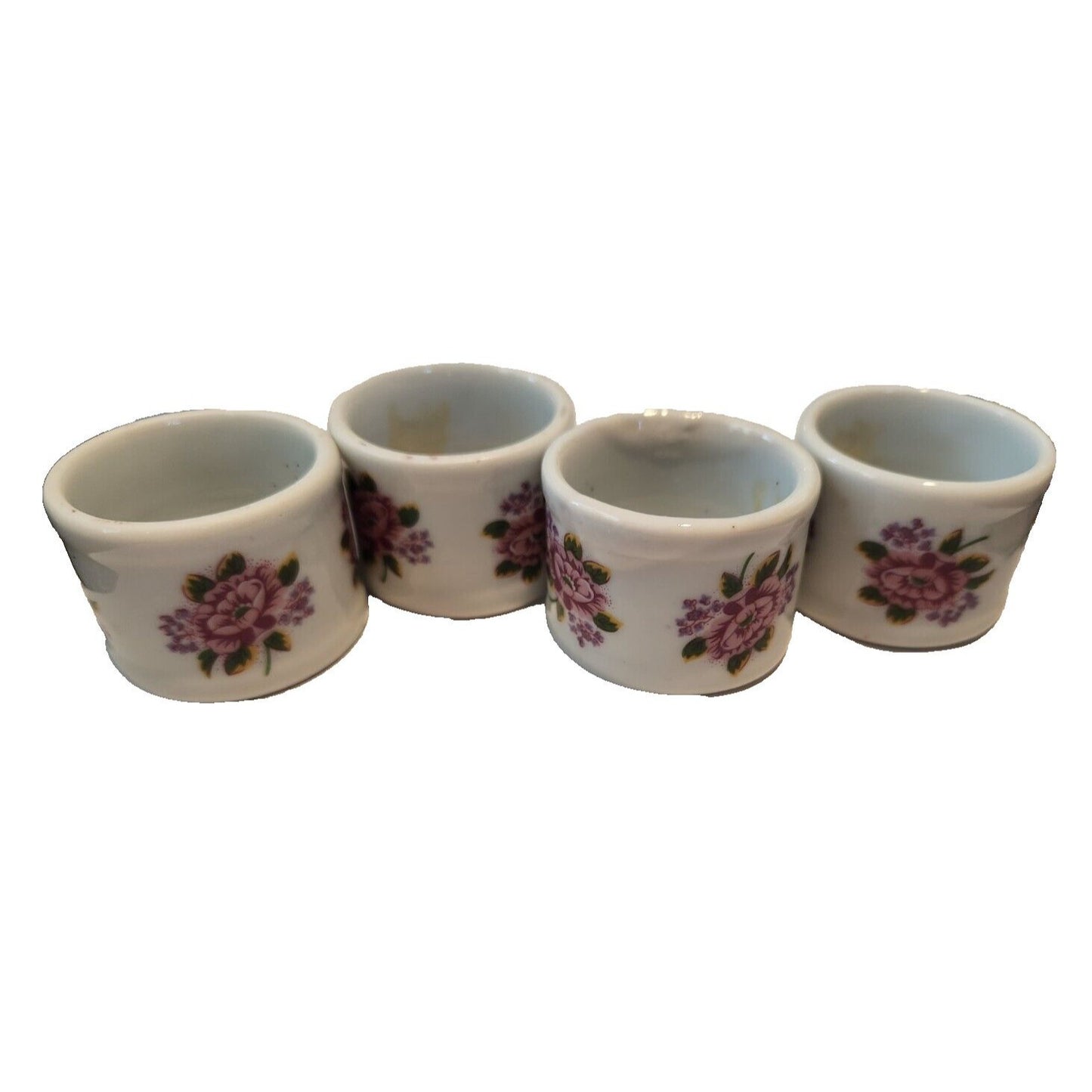 Napkin Rings White  Ceramic Pink Flowers Set of 4  Round 1  1/2" x 1  3/4"