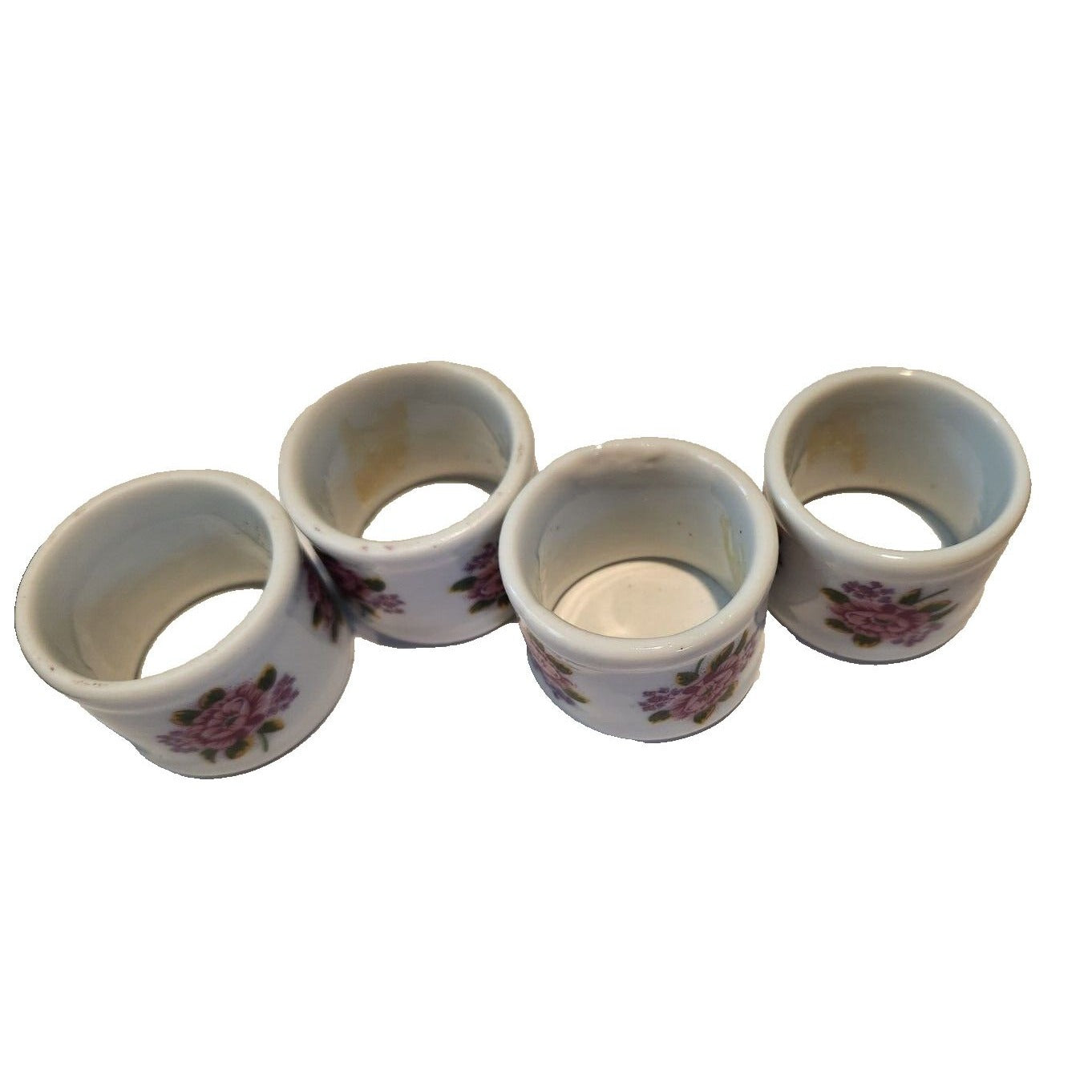 Napkin Rings White  Ceramic Pink Flowers Set of 4  Round 1  1/2" x 1  3/4"