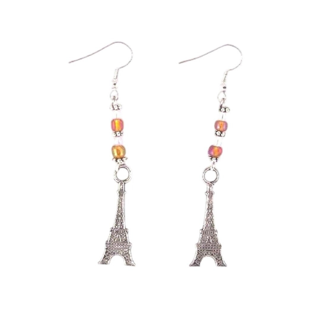 Earrings Eiffel Tower Charms Brown White Beads Sterling Hooks 2" Long