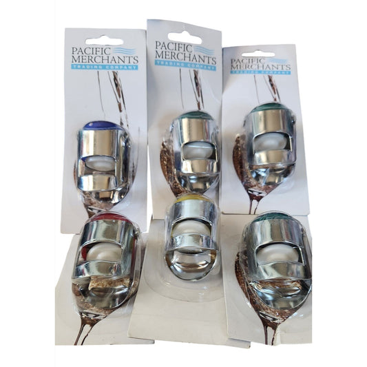 Set Of 6 Pacific Merchants Champagne  Bottle Top Popper Openers With Color Coded Tops & Stainless Steel Finish