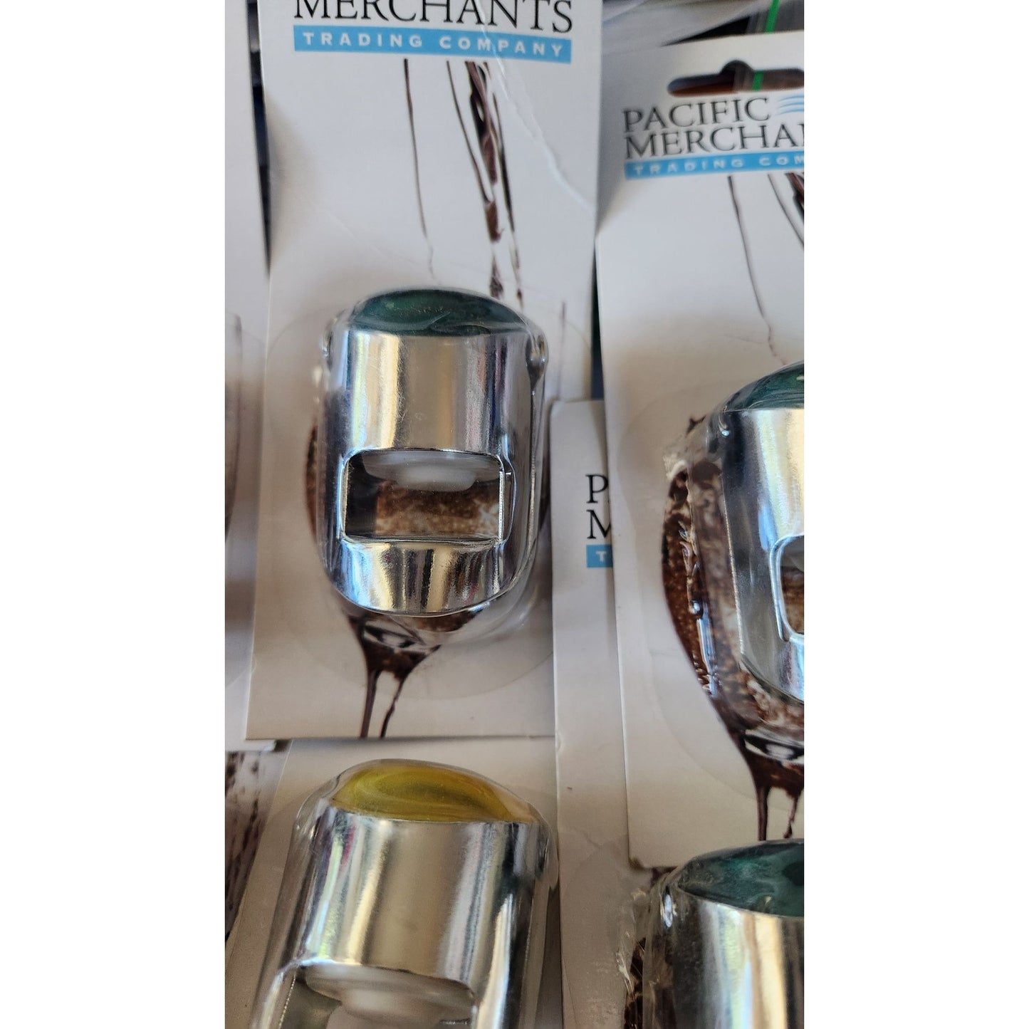 Set Of 6 Pacific Merchants Champagne  Bottle Top Popper Openers With Color Coded Tops & Stainless Steel Finish