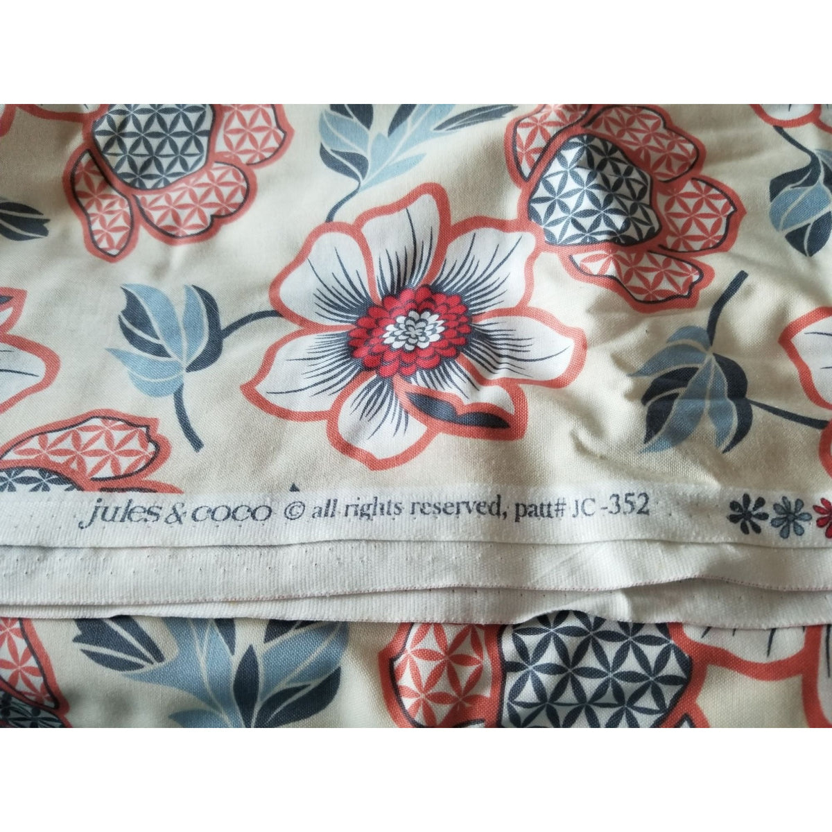 Material White Jules & Coco Fabric Flowers Orange  Red Green  Brown Green Leaves 44" x 72"  Cotton  2 Yrd Craft Clothing  Joann