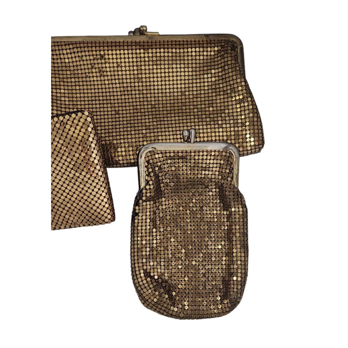 Purse 3 piece set  Whiting & Davis Vintage Gold Mesh Bag Change Purse Money ,Cigarette Case