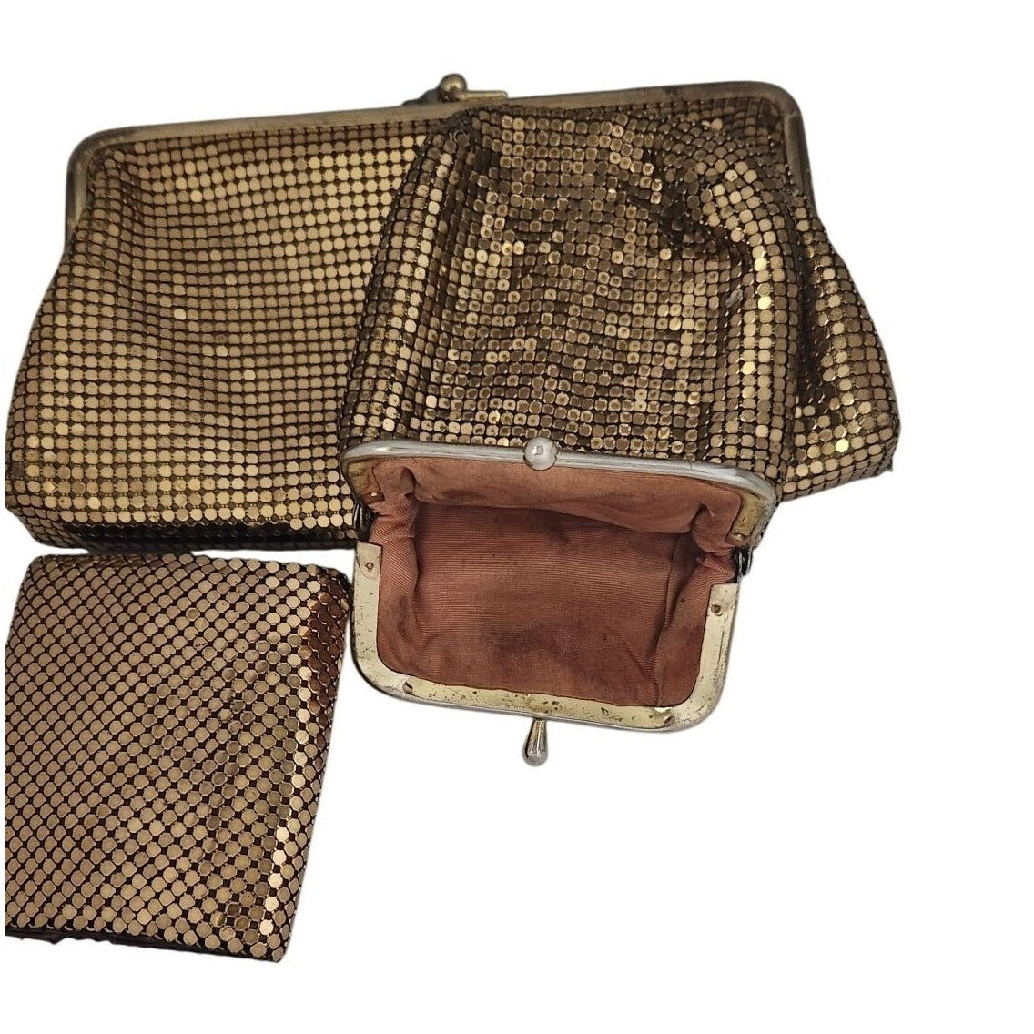 Purse 3 piece set  Whiting & Davis Vintage Gold Mesh Bag Change Purse Money ,Cigarette Case
