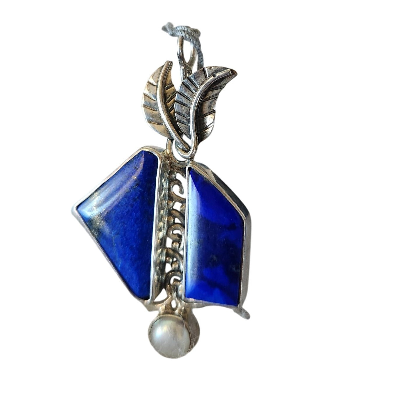 Pendant Lapis Natural Pearl 8 mm  2 Leaves 15 x 8 mm Gold Accents Silver 11.6 Gr
