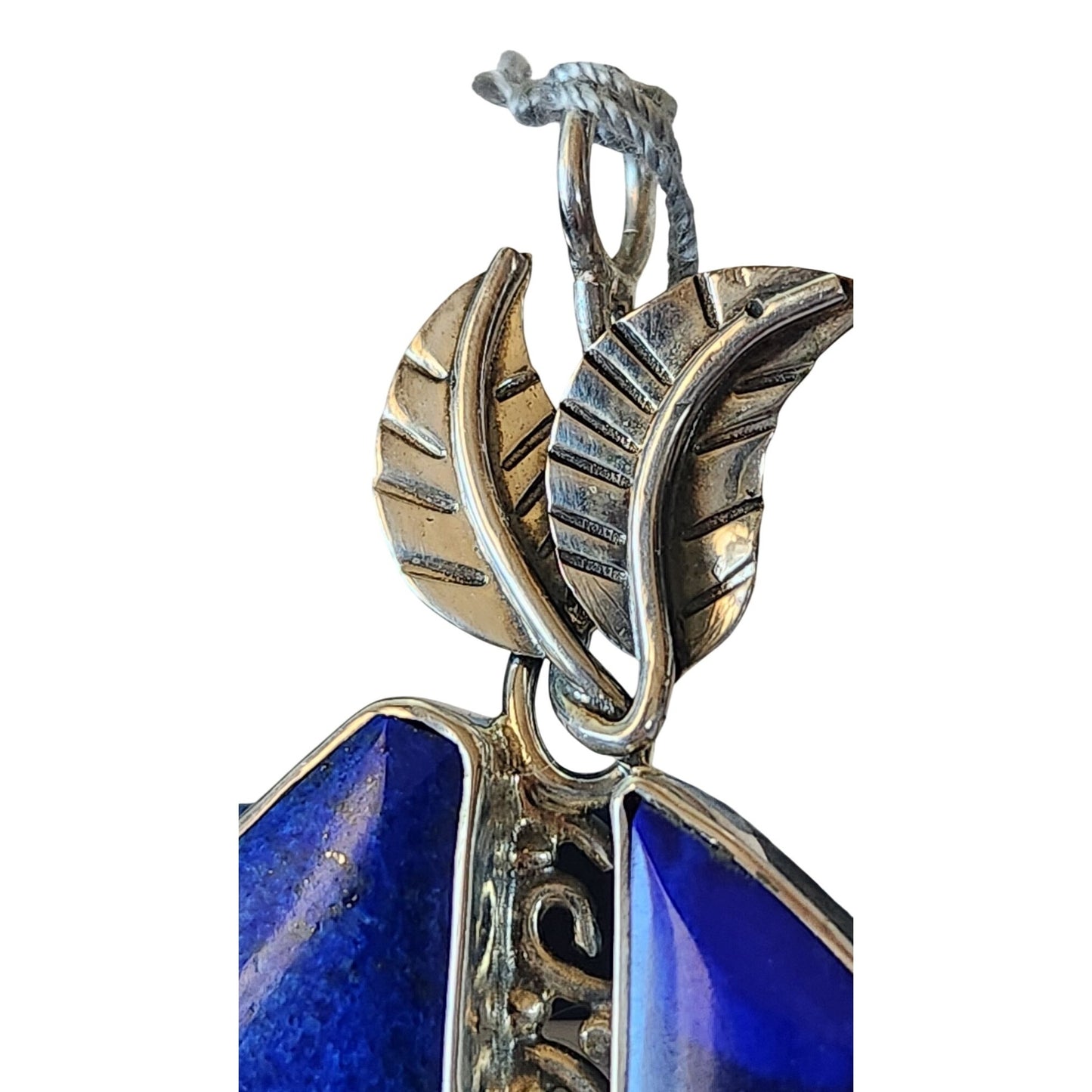 Pendant Lapis Natural Pearl 8 mm  2 Leaves 15 x 8 mm Gold Accents Silver 11.6 Gr