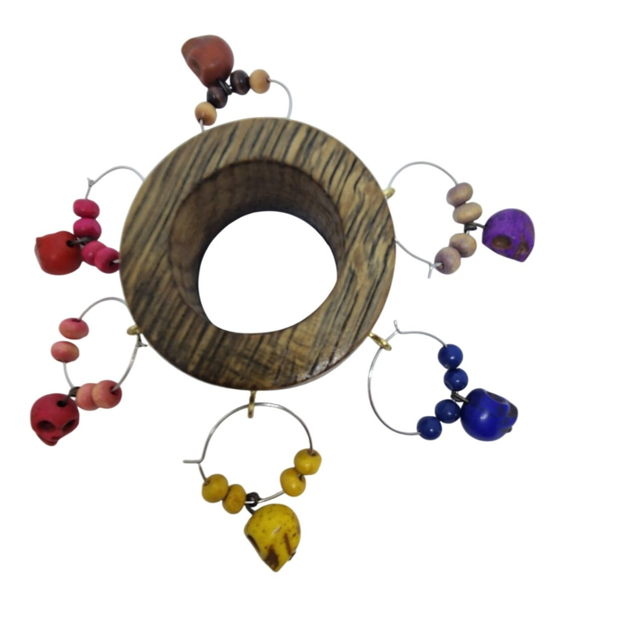 Skull Colorful Wine Glass Charms Set - 6  Themed Unique Charms With Beads & Wood Holder