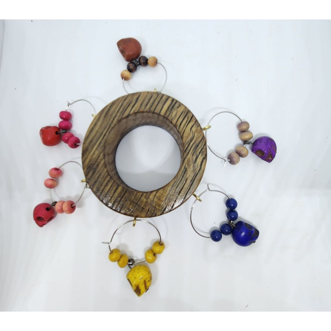 Skull Colorful Wine Glass Charms Set - 6  Themed Unique Charms With Beads & Wood Holder