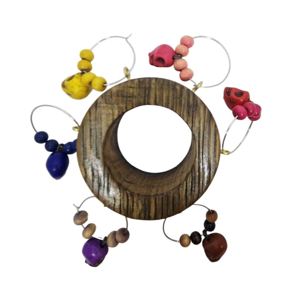 Skull Colorful Wine Glass Charms Set - 6  Themed Unique Charms With Beads & Wood Holder