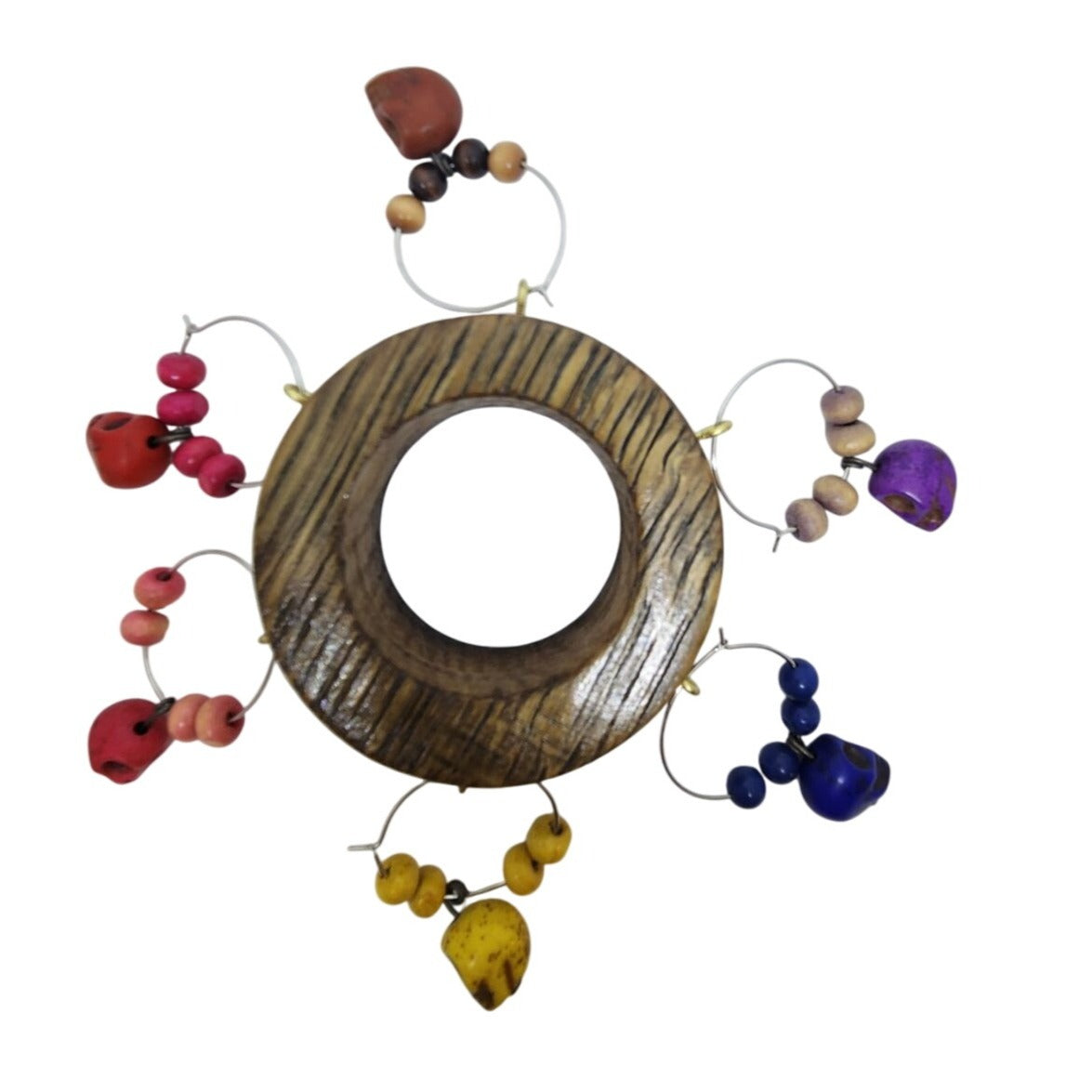 Skull Colorful Wine Glass Charms Set - 6  Themed Unique Charms With Beads & Wood Holder