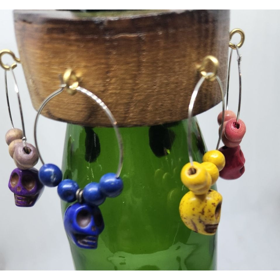 Skull Colorful Wine Glass Charms Set - 6  Themed Unique Charms With Beads & Wood Holder