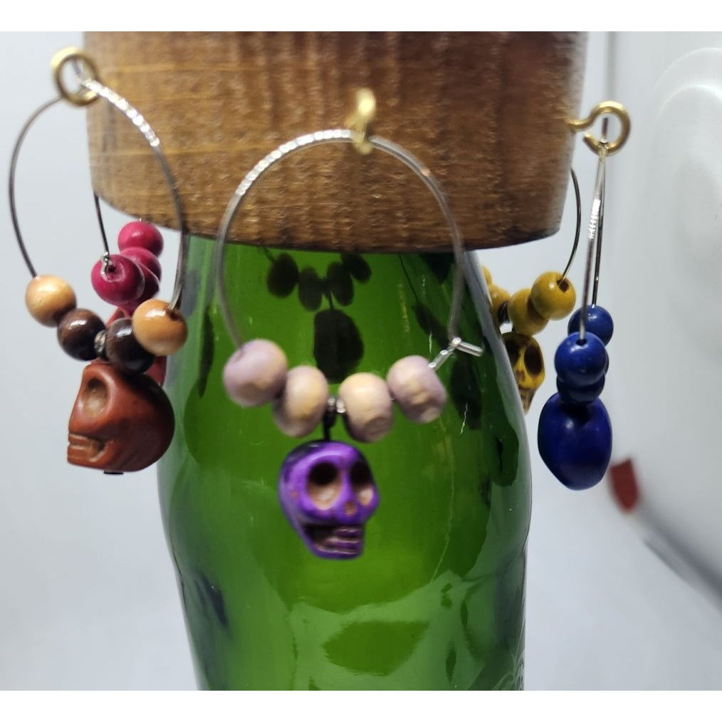 Skull Colorful Wine Glass Charms Set - 6  Themed Unique Charms With Beads & Wood Holder