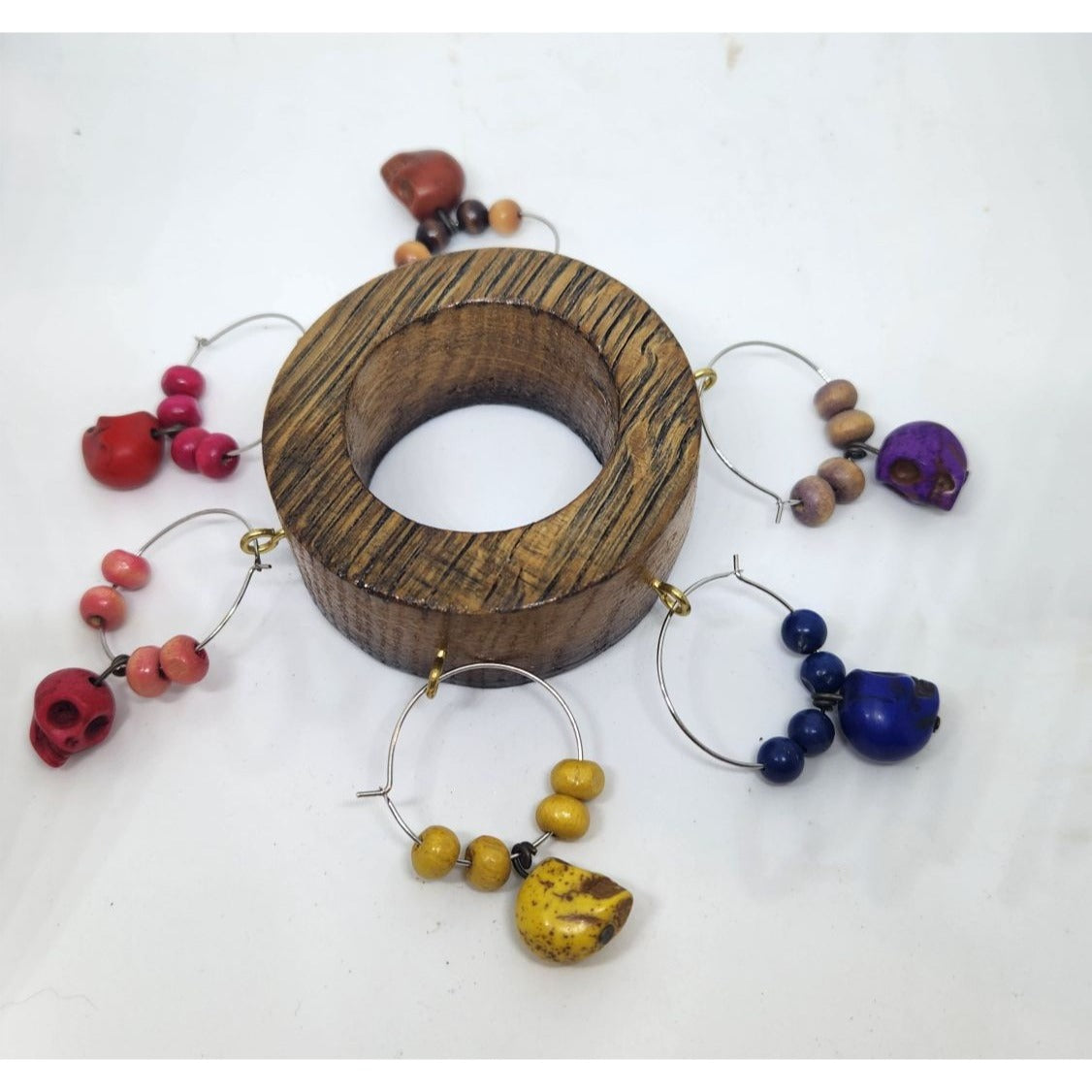 Skull Colorful Wine Glass Charms Set - 6  Themed Unique Charms With Beads & Wood Holder