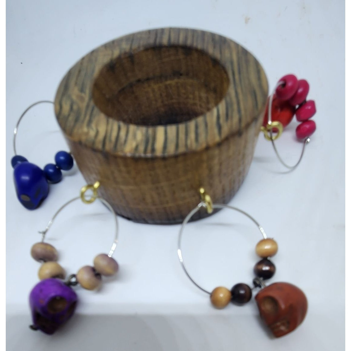 Skull Colorful Wine Glass Charms Set - 6  Themed Unique Charms With Beads & Wood Holder