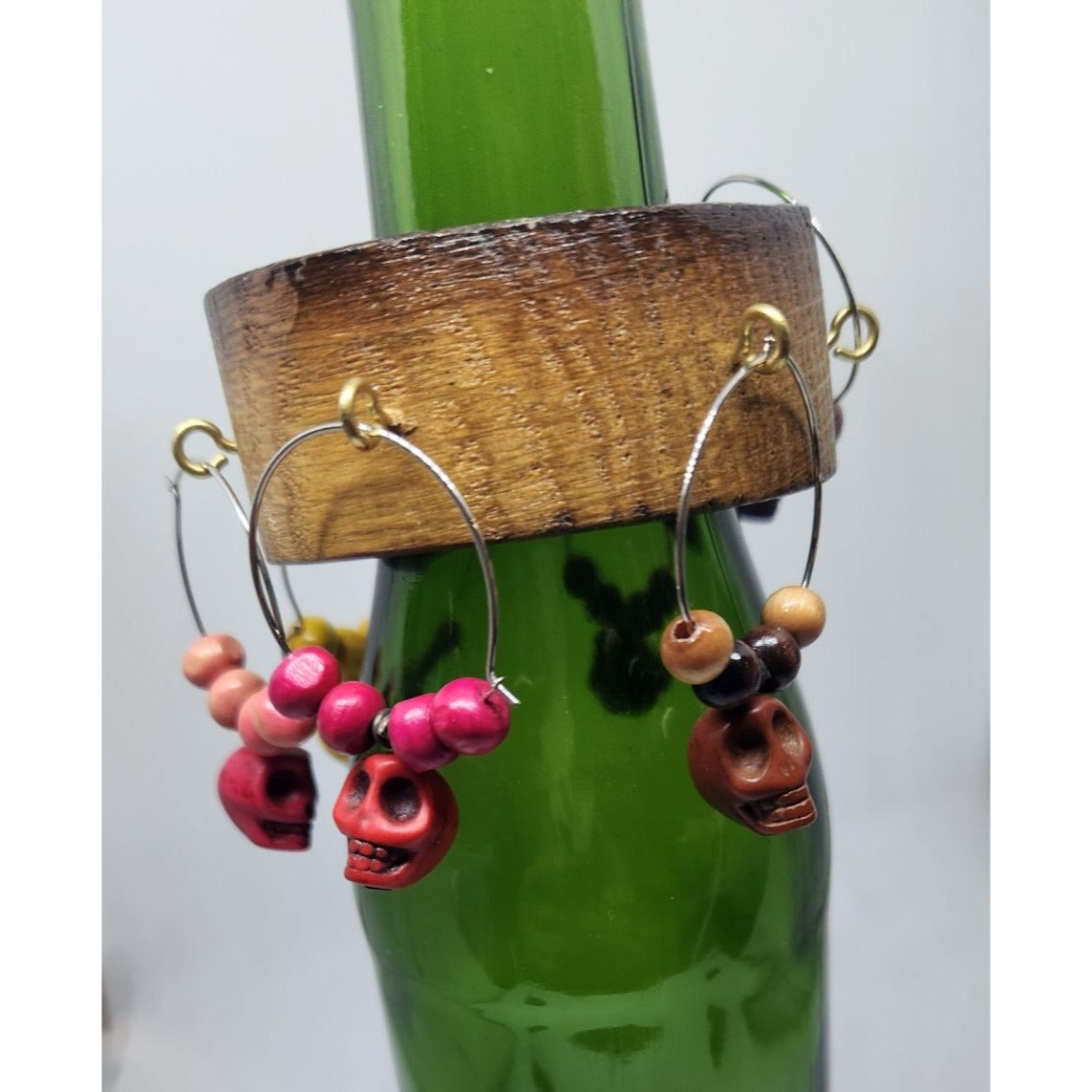 Skull Colorful Wine Glass Charms Set - 6  Themed Unique Charms With Beads & Wood Holder