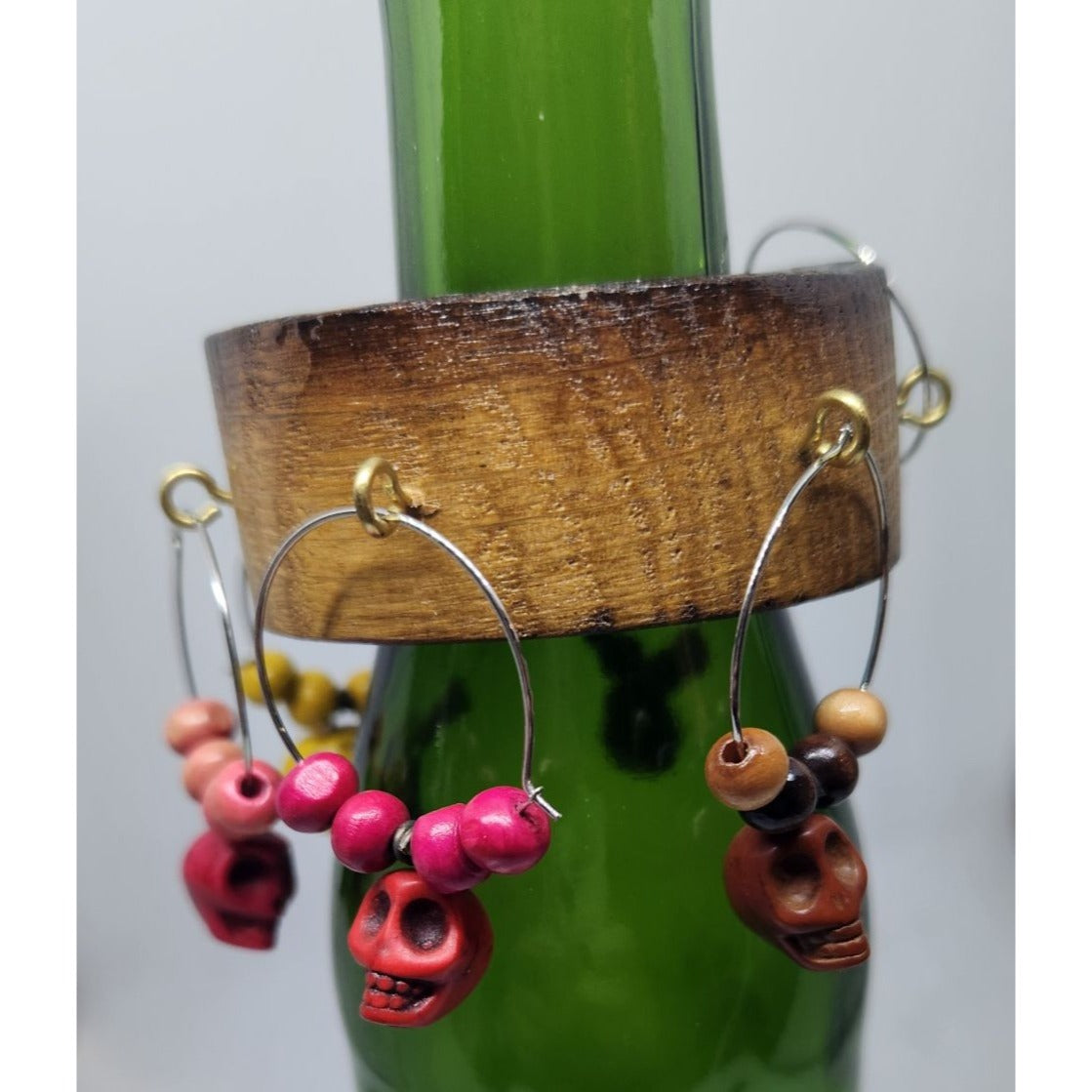 Skull Colorful Wine Glass Charms Set - 6  Themed Unique Charms With Beads & Wood Holder