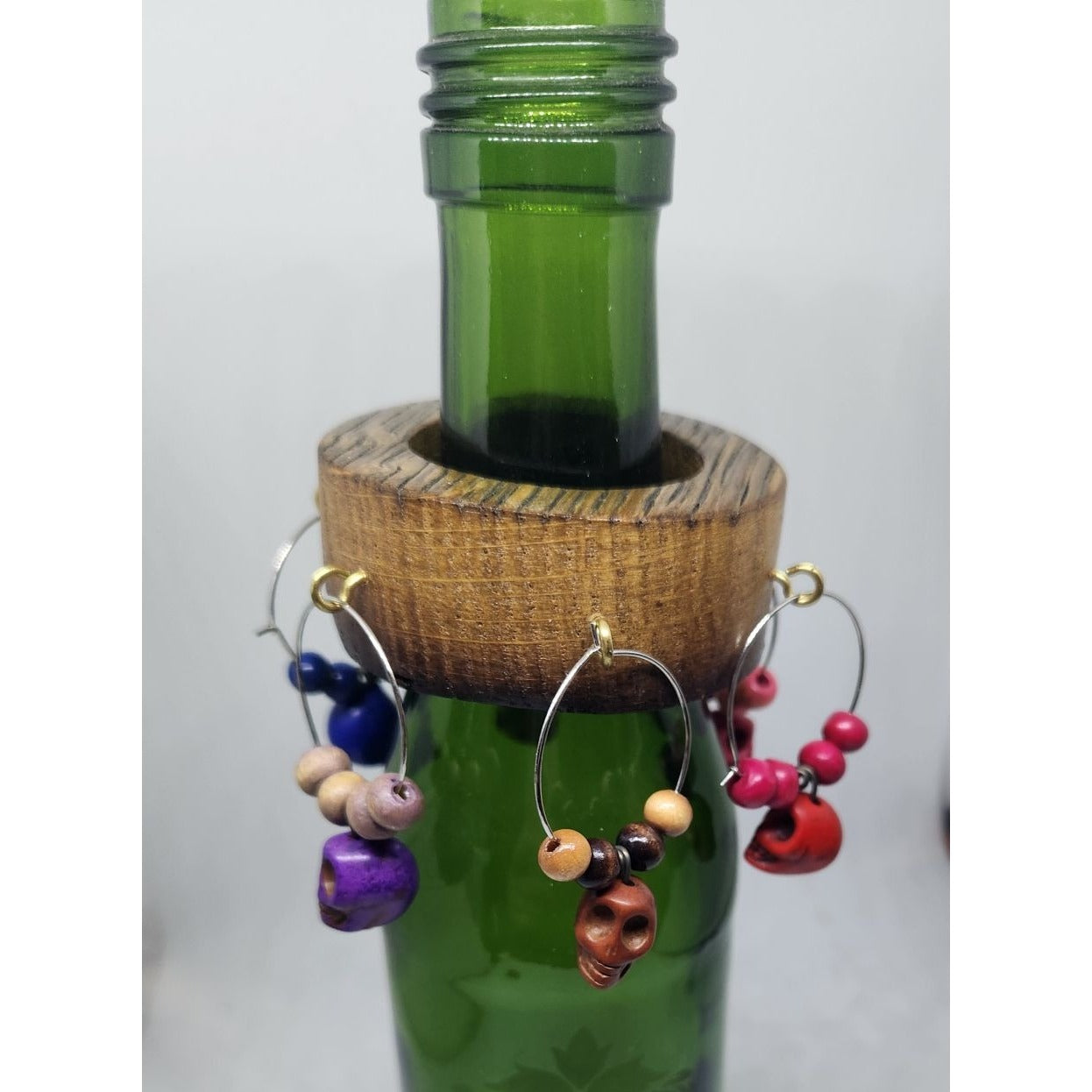 Skull Colorful Wine Glass Charms Set - 6  Themed Unique Charms With Beads & Wood Holder