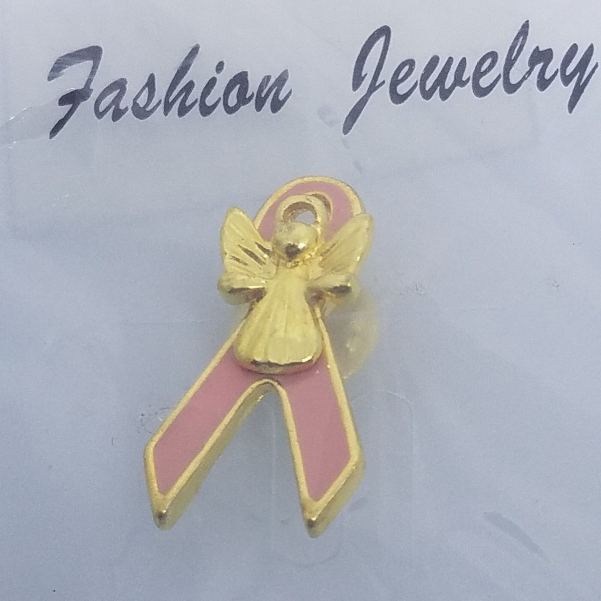 Lapel Pin Pink Ribbon Breast Cancer Set of 5 Pink Gold Trim Gold Color Angel 1" Tall