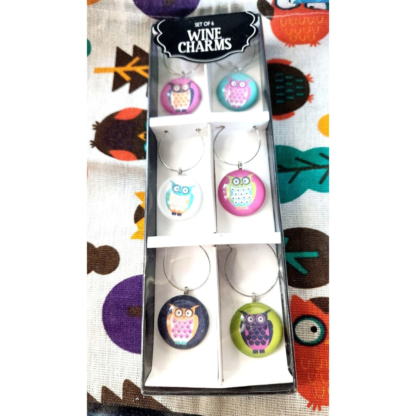 Wine charms Owl's Set of 6 Green Black Pink White Reusable Bag with Owl's 10 x 9 1/2 Draw String Top