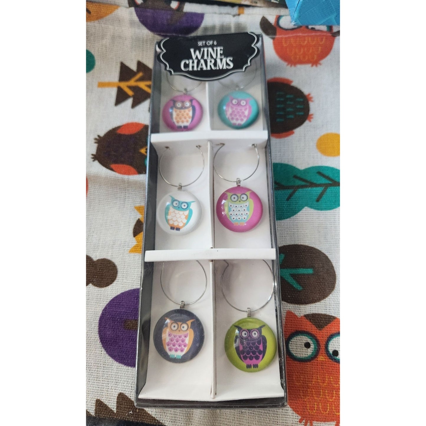 Wine charms Owl's Set of 6 Green Black Pink White Reusable Bag with Owl's 10 x 9 1/2 Draw String Top