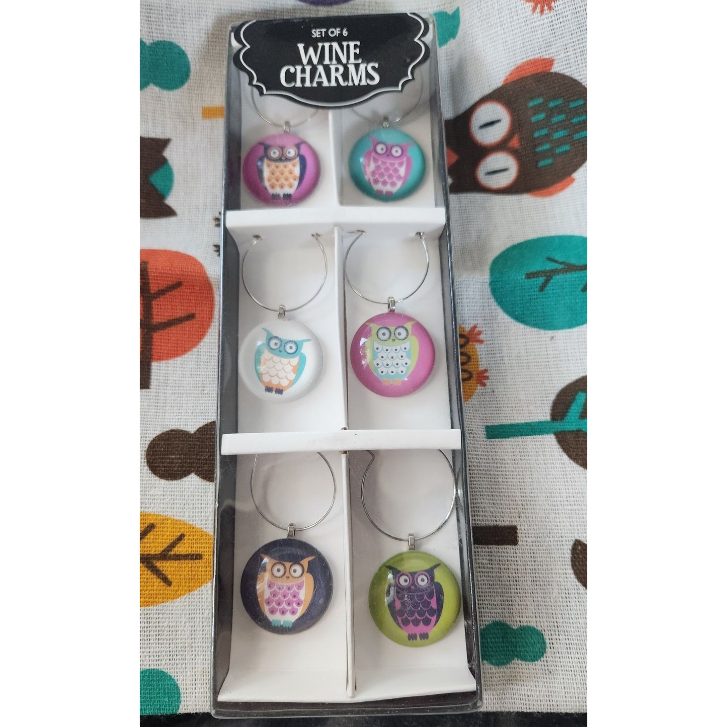 Wine charms Owl's Set of 6 Green Black Pink White Reusable Bag with Owl's 10 x 9 1/2 Draw String Top