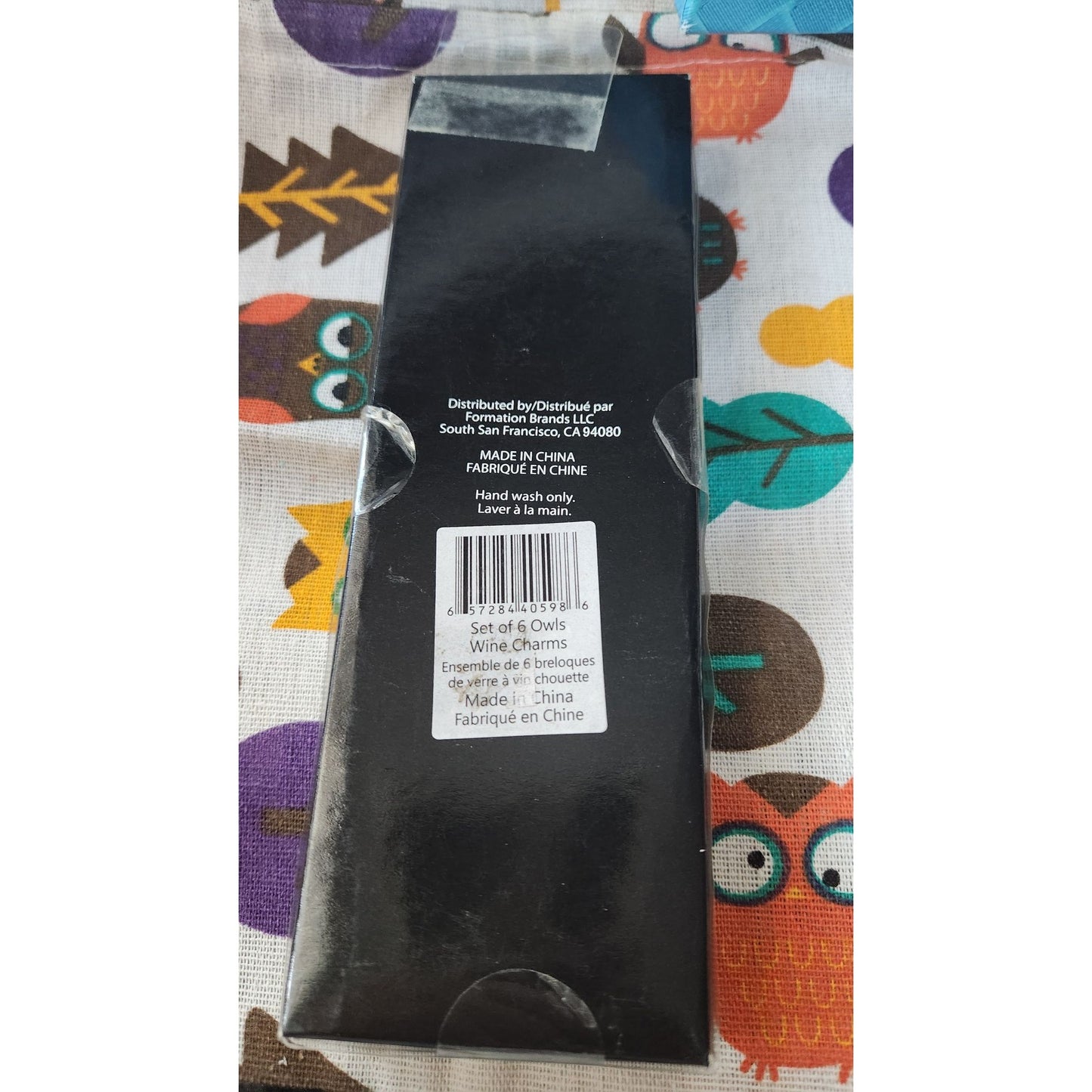 Wine charms Owl's Set of 6 Green Black Pink White Reusable Bag with Owl's 10 x 9 1/2 Draw String Top