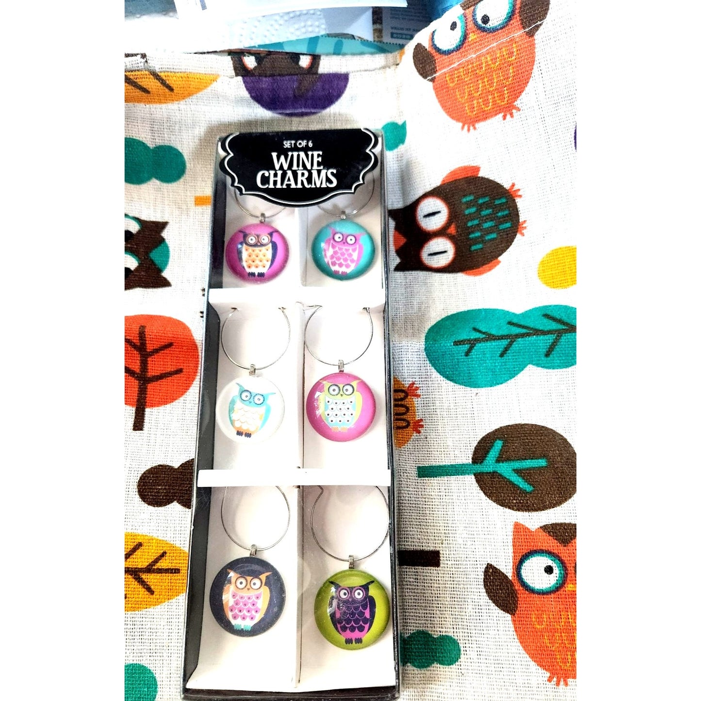 Wine charms Owl's Set of 6 Green Black Pink White Reusable Bag with Owl's 10 x 9 1/2 Draw String Top