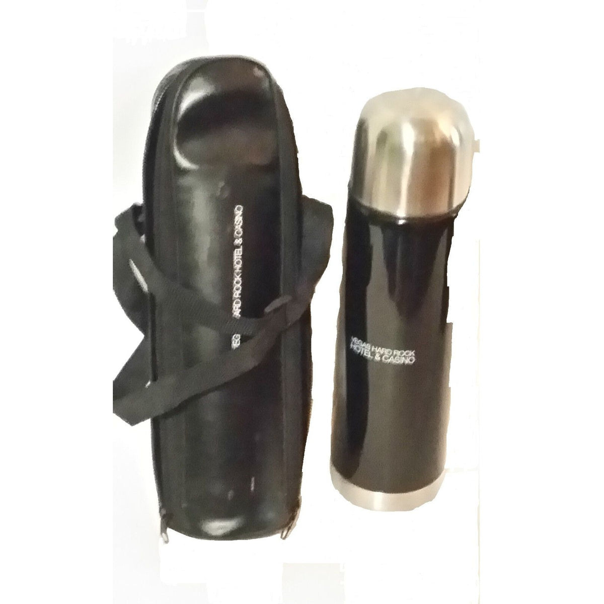 Kitchen Travel Mug Vegas Hard Rock Hotel Thermos Black Silver 16 oz Zipper case Straps