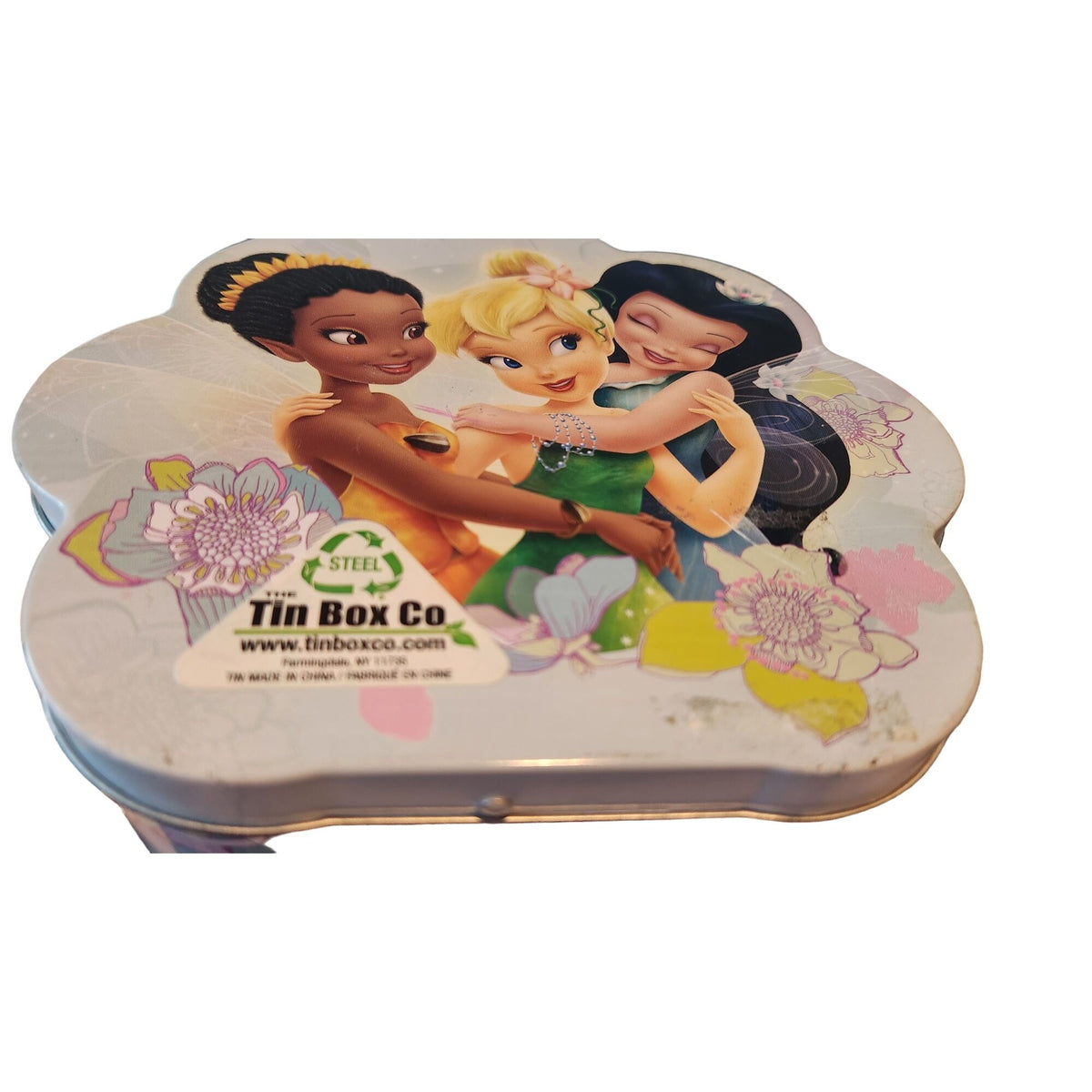 Disney Mini Tin Box Co Tinkerbell and Friends 6 x 6 1/2 x 3 Beaded Handle Clean inside