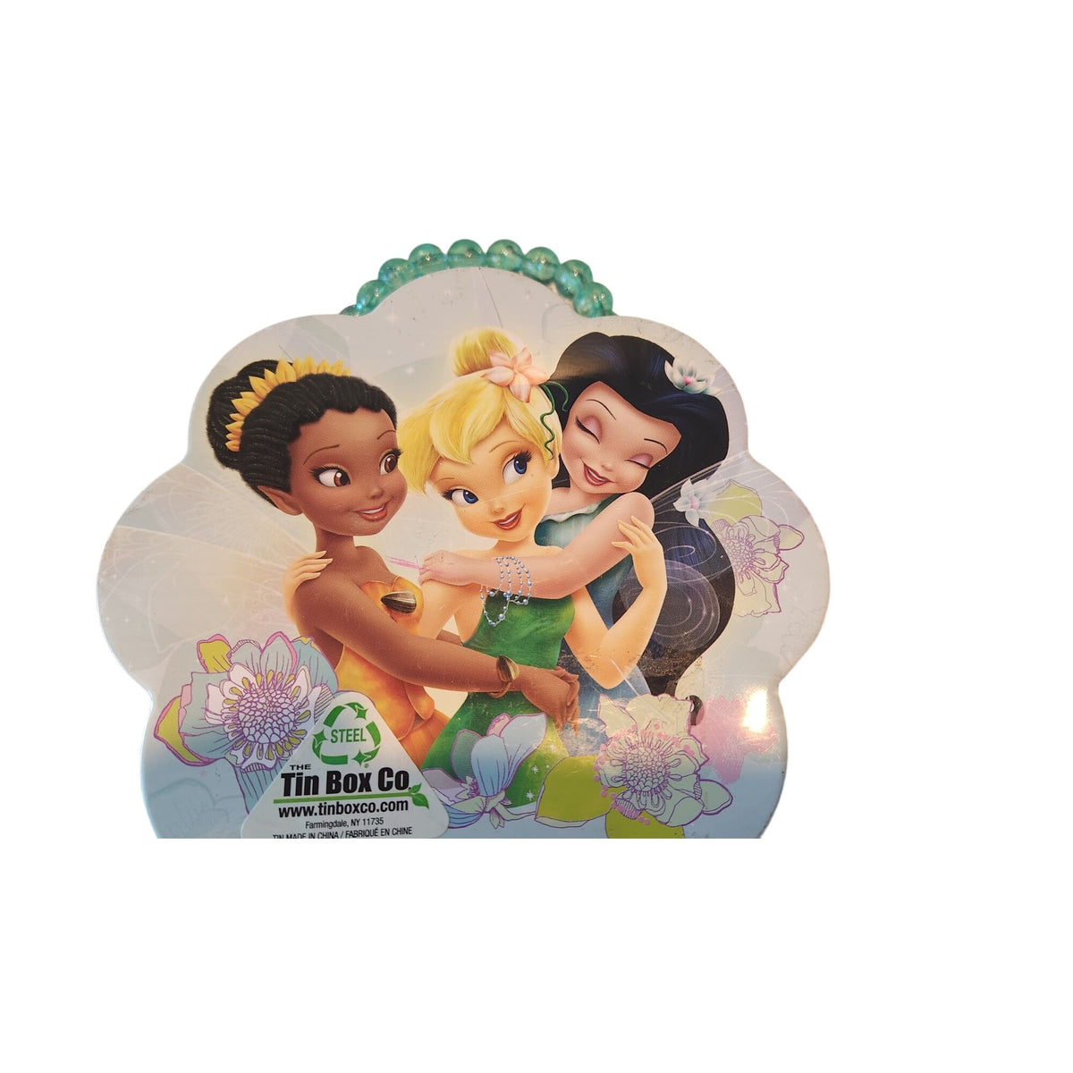 Disney Mini Tin Box Co Tinkerbell and Friends 6 x 6 1/2 x 3 Beaded Handle Clean inside