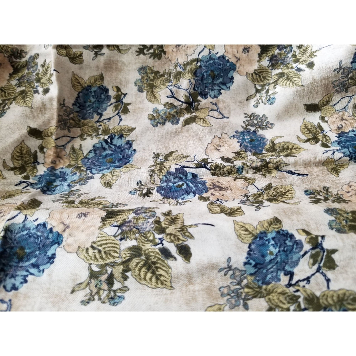 Material  Cream Cotton Fabric Big Blue White Flowers JoAnn Fabric Green  42" x  36" Cotton