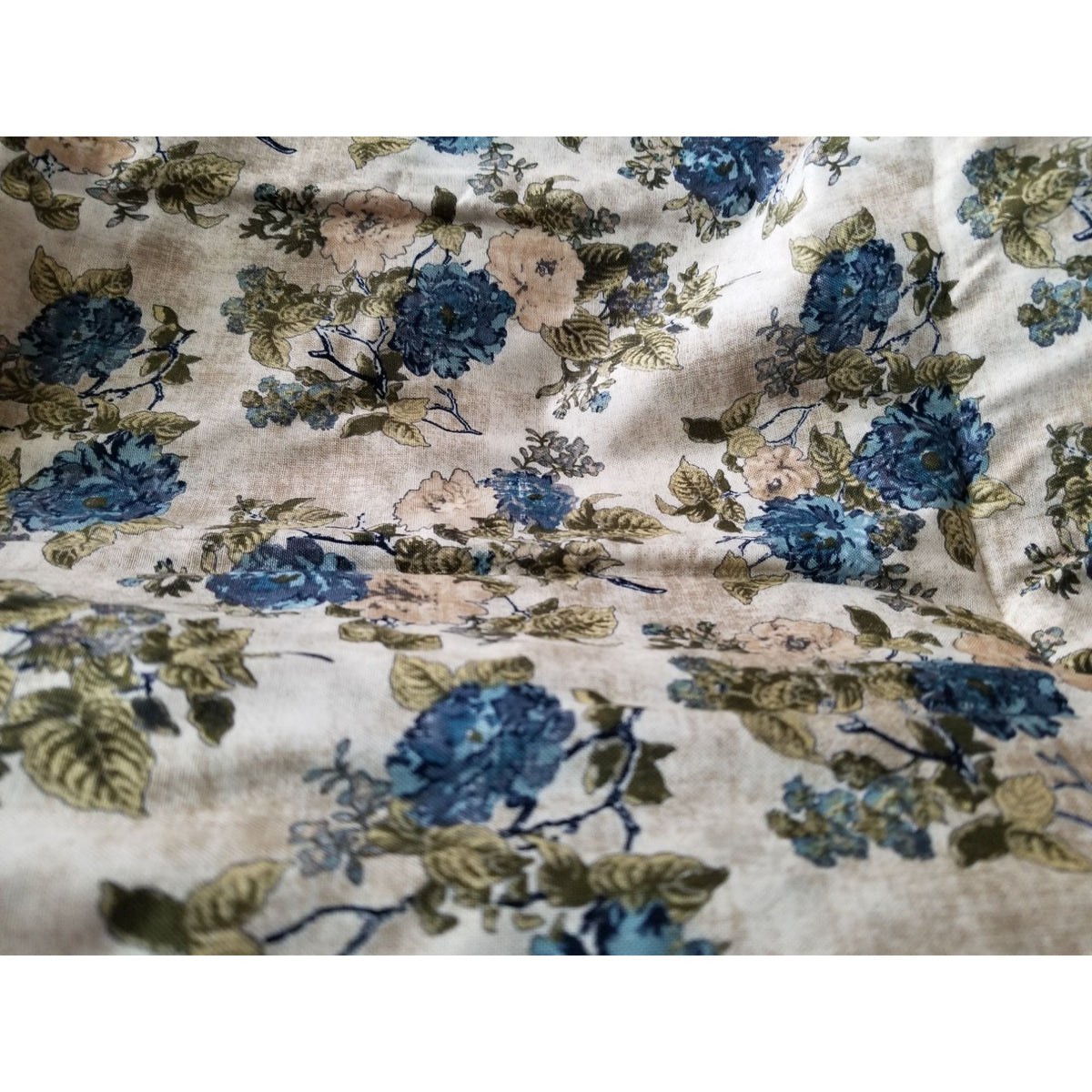 Material  Cream Cotton Fabric Big Blue White Flowers JoAnn Fabric Green  42" x  36" Cotton