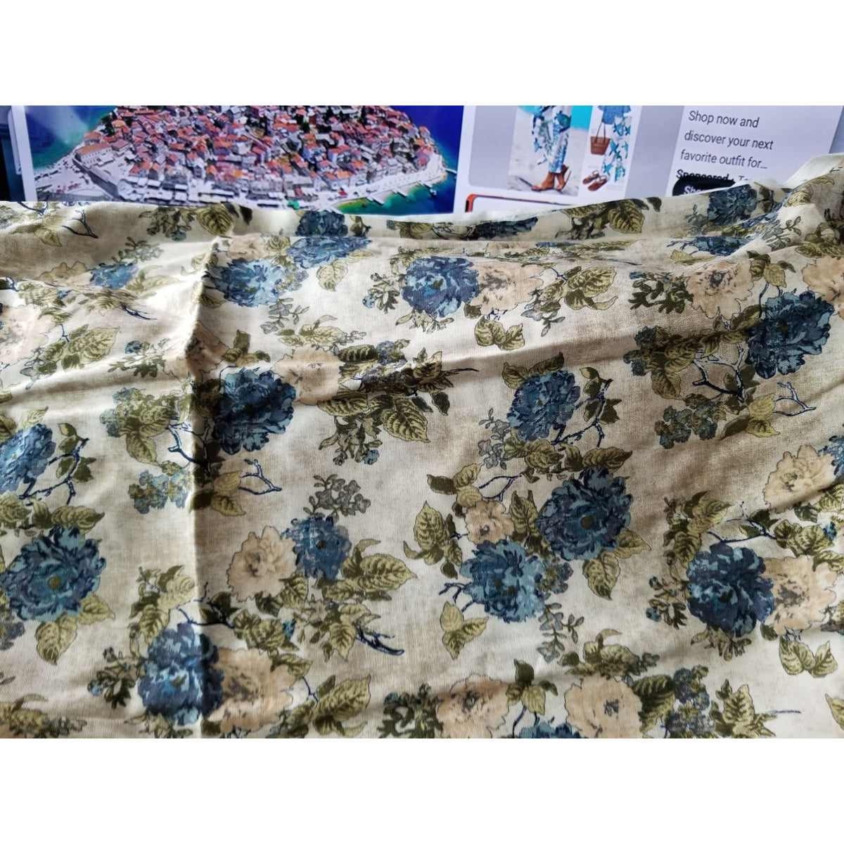 Material  Cream Cotton Fabric Big Blue White Flowers JoAnn Fabric Green  42" x  36" Cotton