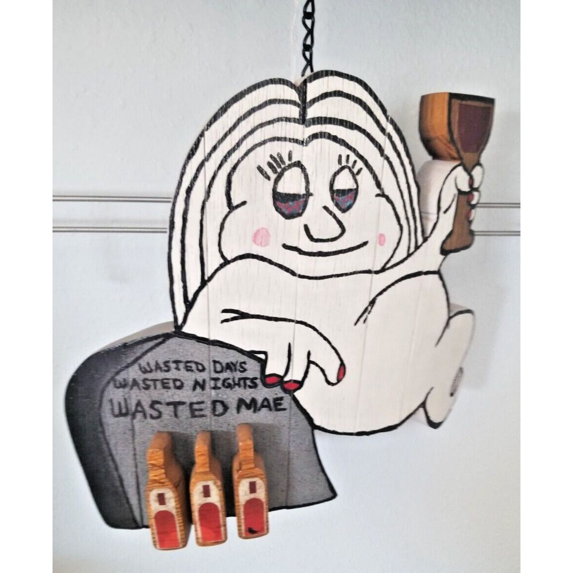 Wood Sign Halloween Wasted Mae Wine Bottle Ghost Red Wine Glass Stave Hanging