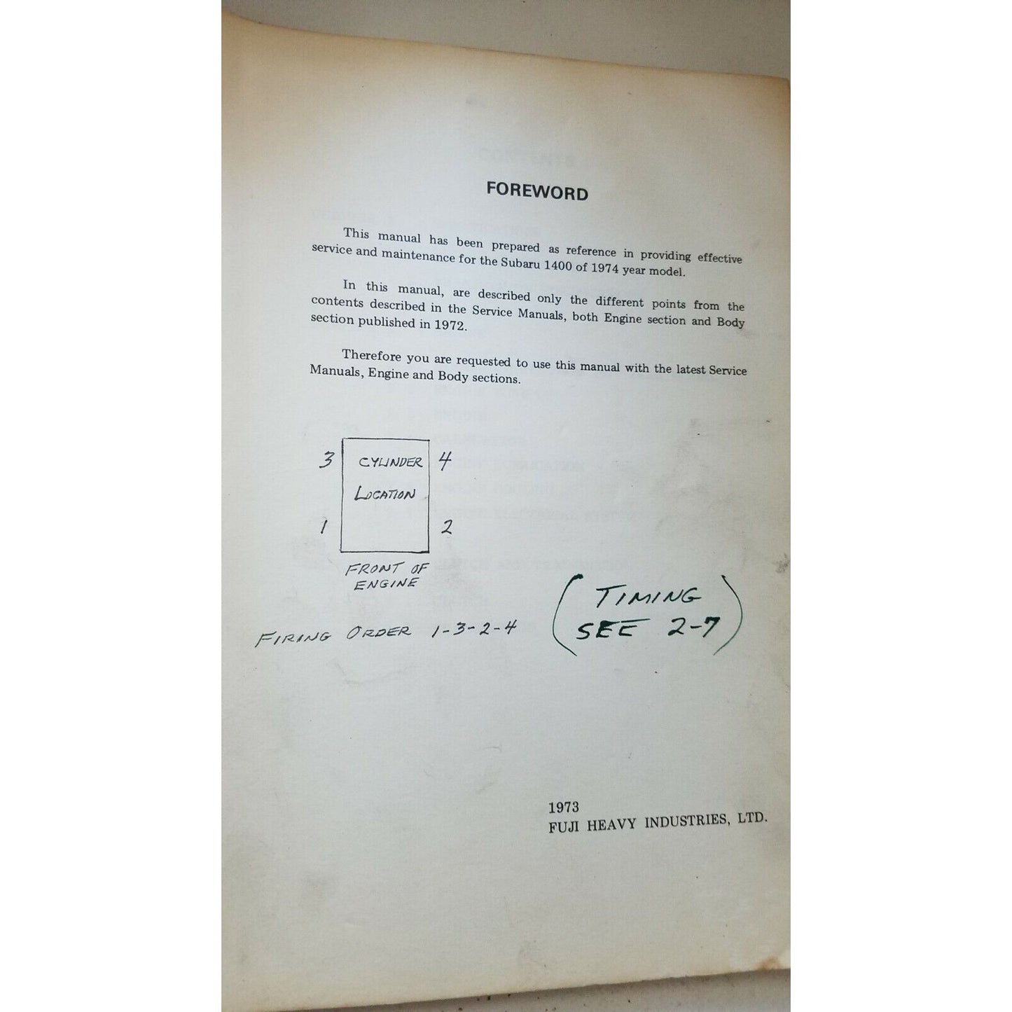 Book  1974  Subaru 1400 MSA 102 B Year USA Model Service Manual Engine Section