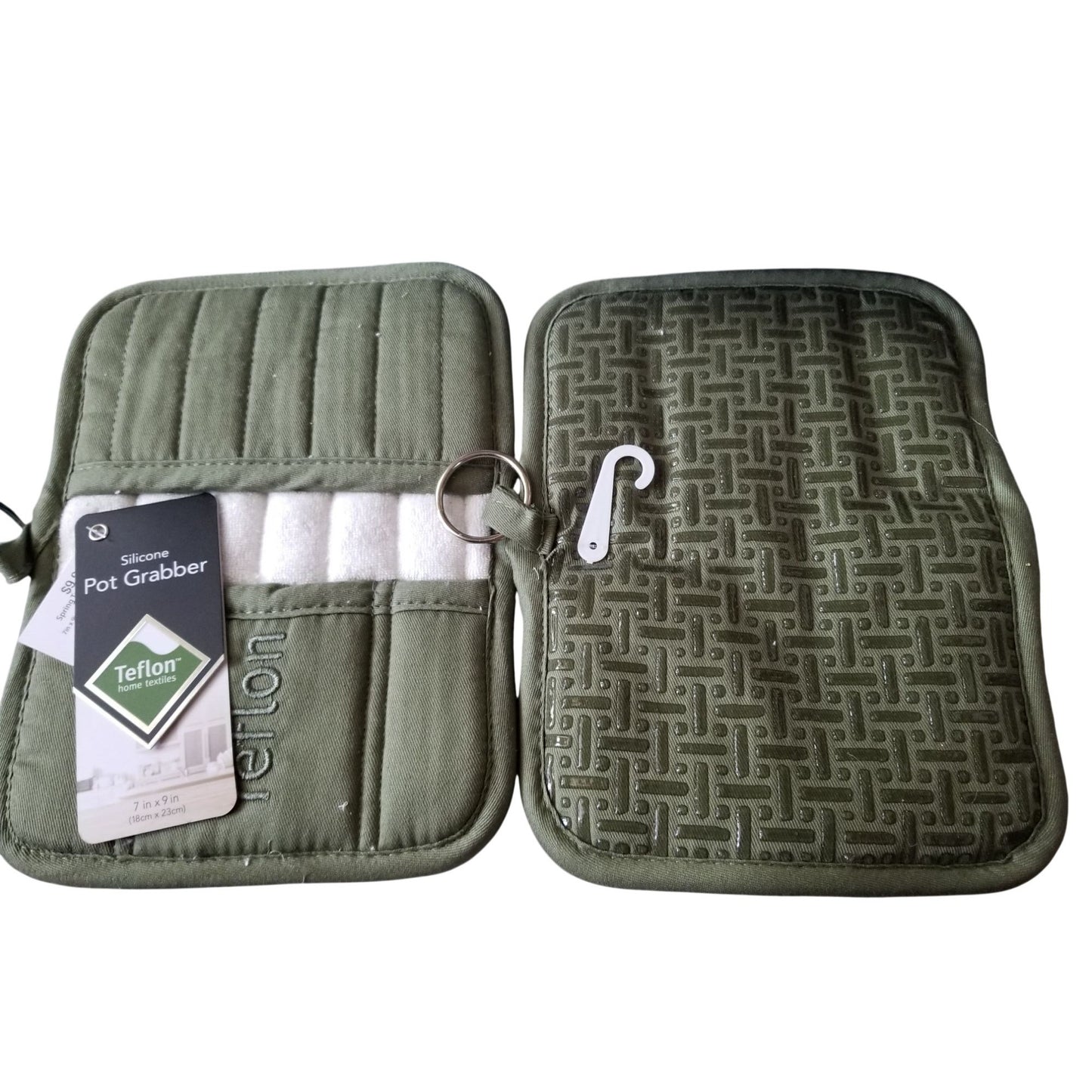 Kitchen Pot Holder Terry Cloth Liner Green  9"  x 7" Set of 2  Pockets Silicone  Teflon